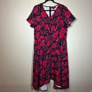 Lane Bryant Womens 18 Pink Floral V-Neck Fit & Flare High-Low Dress Short Sleeve